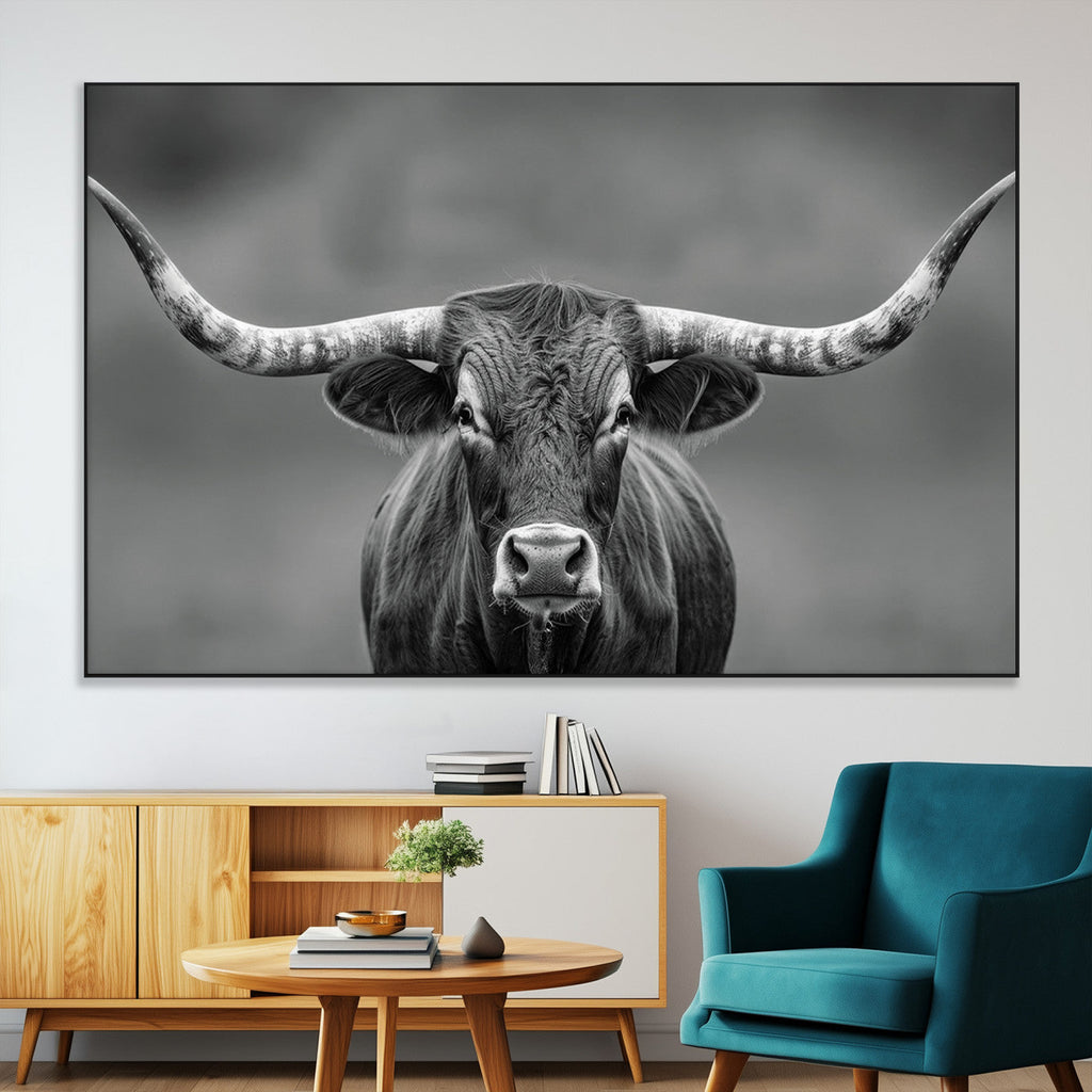 Texas Longhorn Wall Art Canvas Print, Framed Western Bull Photography, Rustic Log Cabin Decor