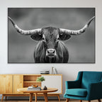 Texas Longhorn Wall Art Canvas Print, Framed Western Bull Photography, Rustic Log Cabin Decor