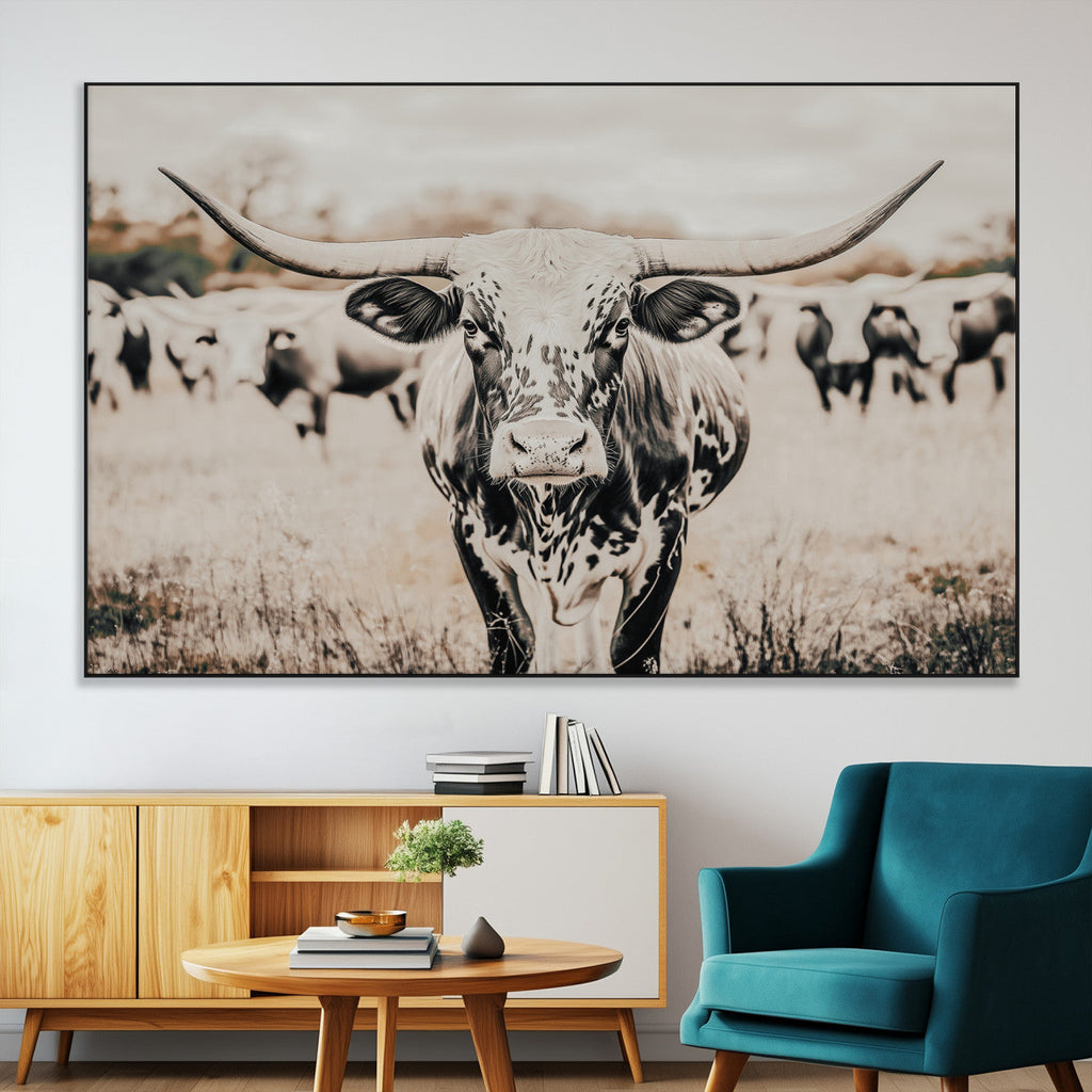 Texas Longhorn Wall Art Canvas Print | Framed Speckled Brown and White Bull