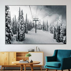 Snowy Pines Wall Art Canvas Print | Ski Lift in a Winter Forest