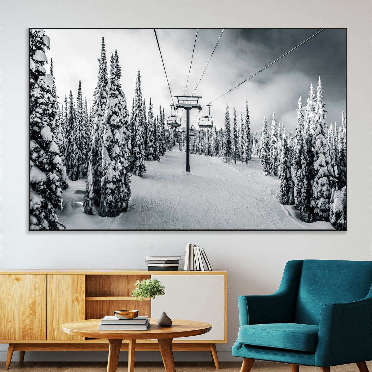 Snowy Pines Wall Art Canvas Print | Ski Lift in a Winter Forest
