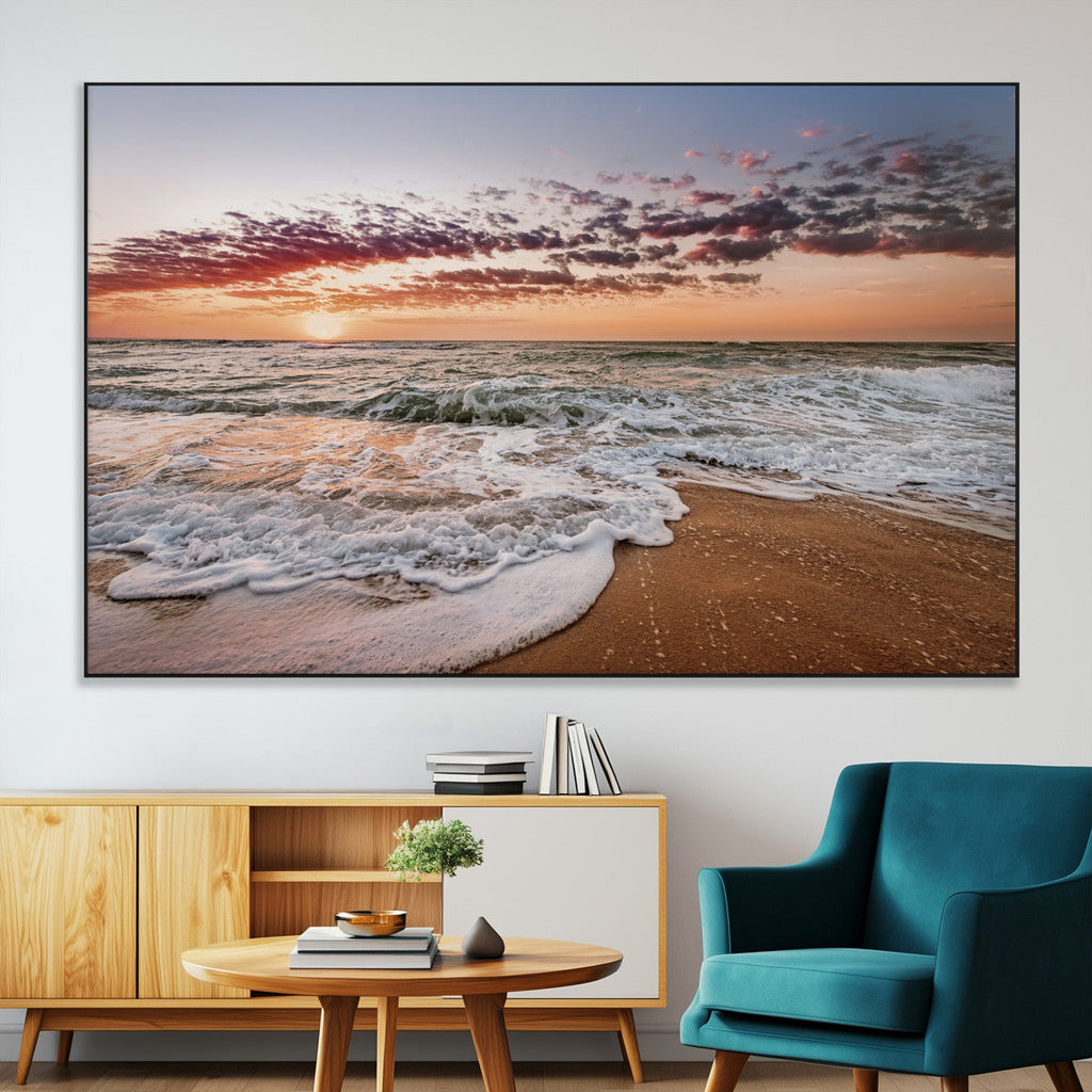 Ocean Sunset Wall Art Canvas Print | Sandy Shore and Gentle Waves