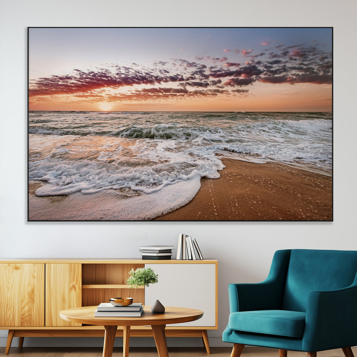 Ocean Sunset Wall Art Canvas Print | Sandy Shore and Gentle Waves