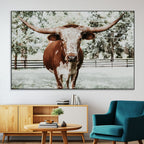 Texas Longhorn Wall Art Canvas Print | Framed Spotted Brown and White Bull