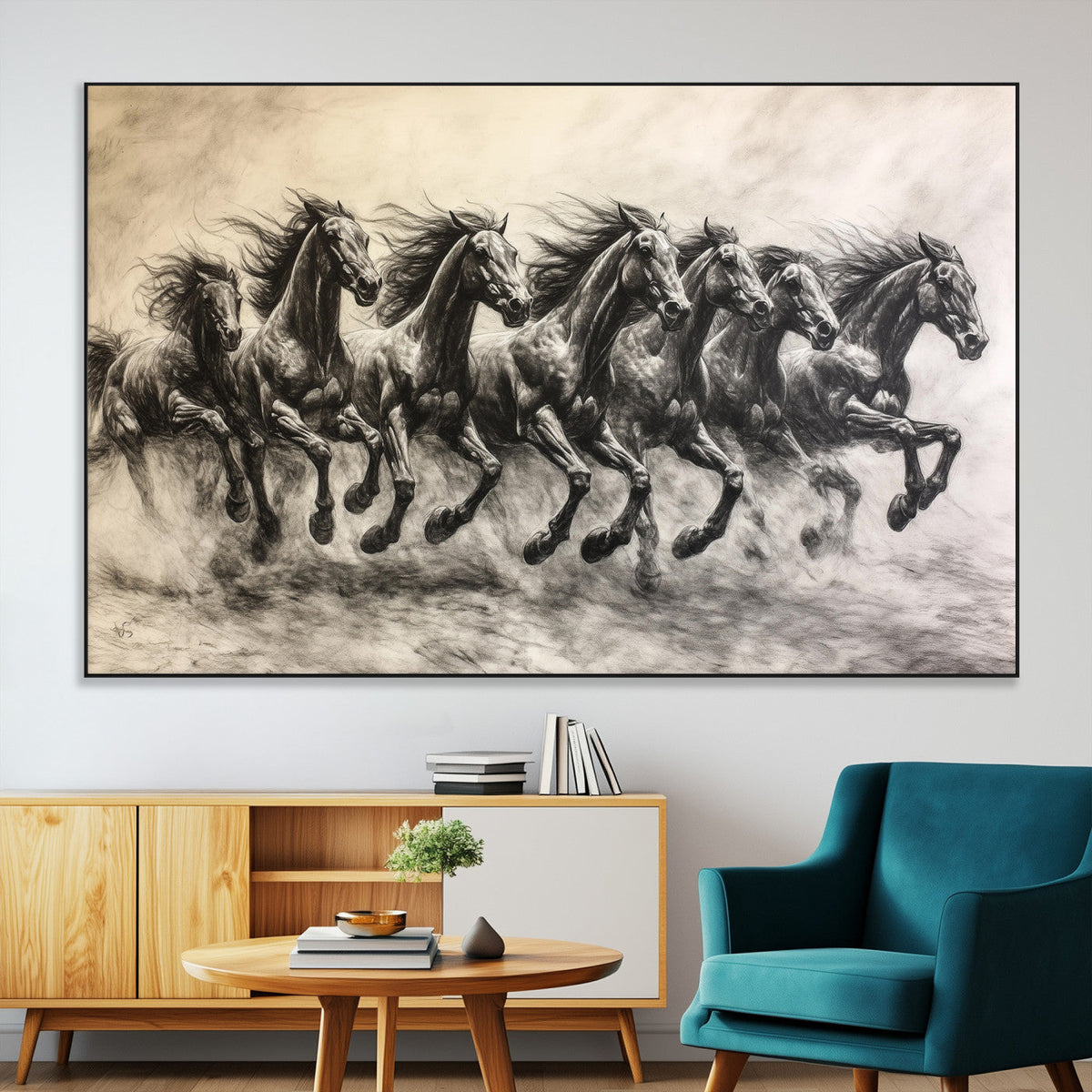 Running Horses Wall Art Canvas Print, Framed Monochrome Galloping Herd Sketch