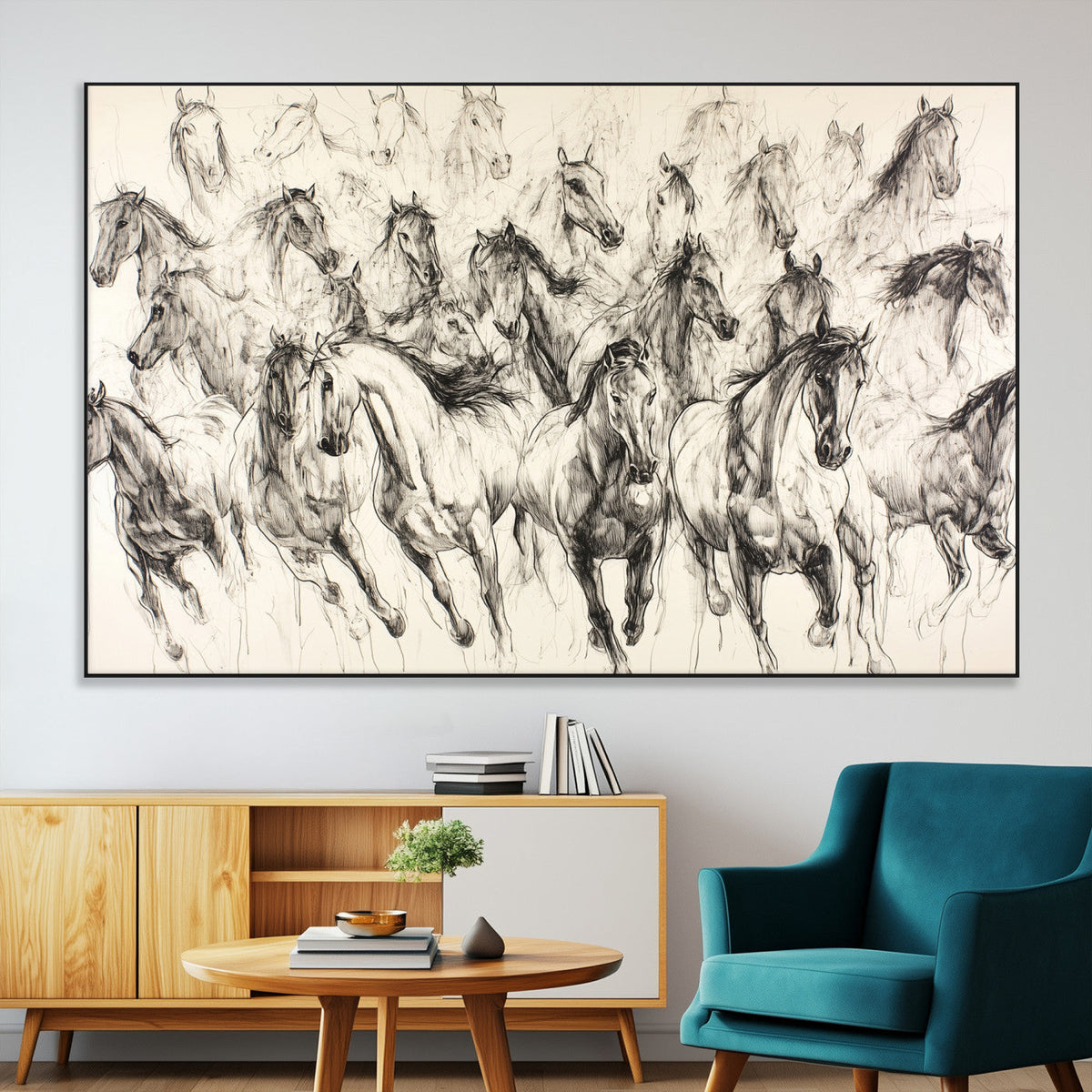 Abstract Horse Wall Art Canvas Print, Framed Horse Sketch with Galloping Herd