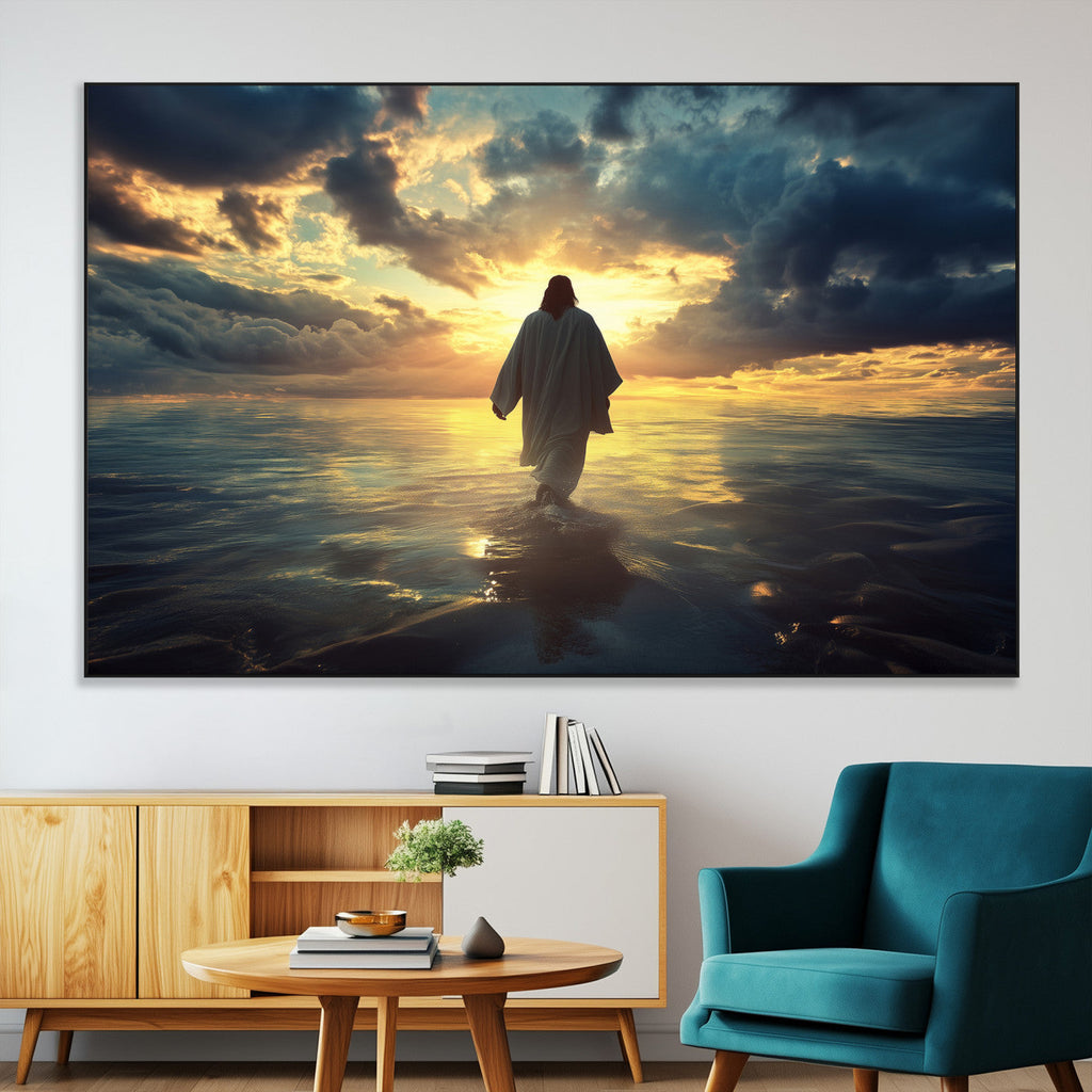 Jesus Walks Wall Art Canvas Print Framed Divine Sunset Art