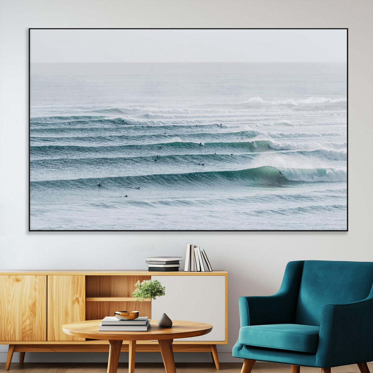 Ocean Waves Wall Art Canvas Print, Framed Surfer Lineup on a Crowded Ocean