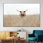 Texas Longhorn Wall Art Canvas Print, Framed Lone Cattle and Longhorn Bull Scene