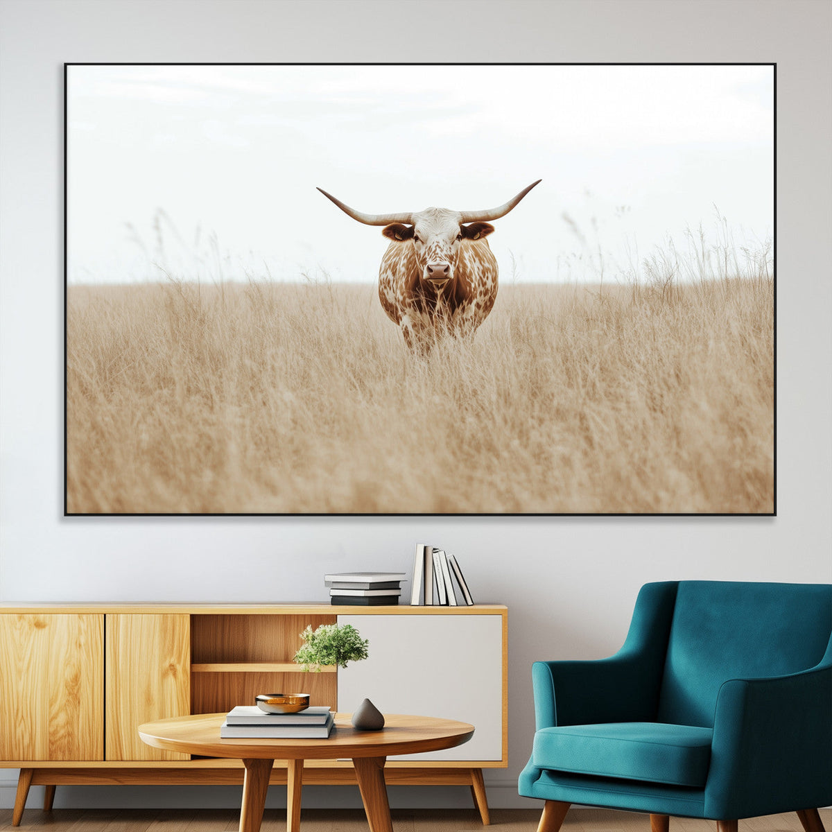 Texas Longhorn Wall Art Canvas Print, Framed Lone Cattle and Longhorn Bull Scene