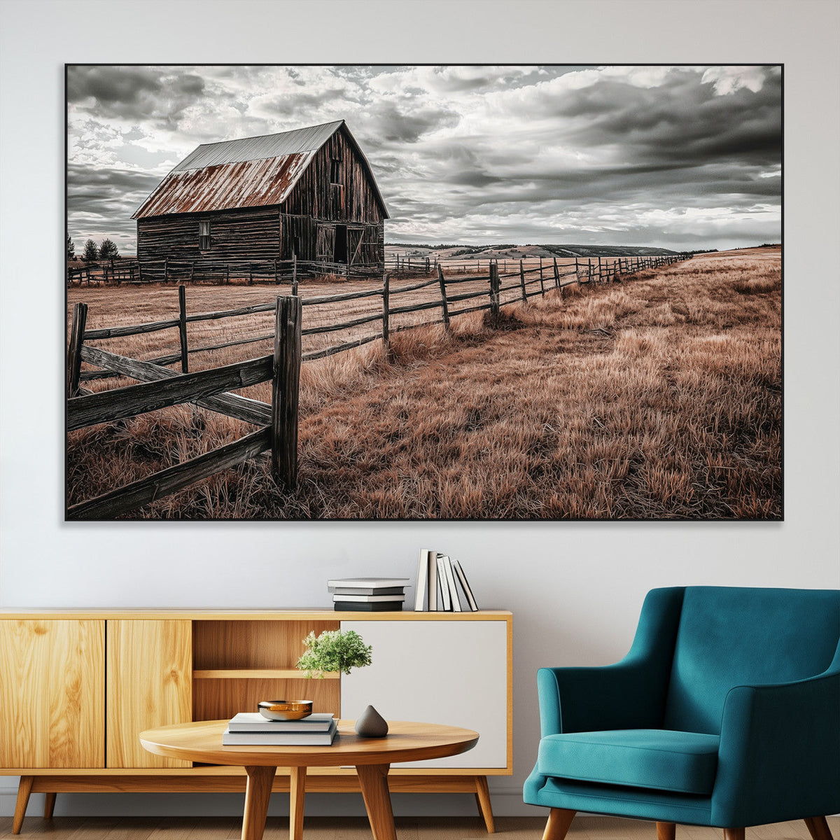 Rustic Barn Wall Art Canvas Print, Framed Moody Field Scene