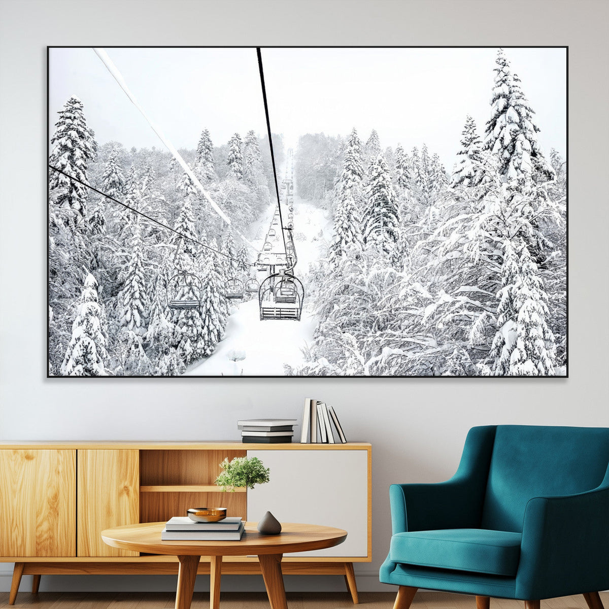 Snowy Ski Lift Wall Art | Framed Winter Mountain Canvas