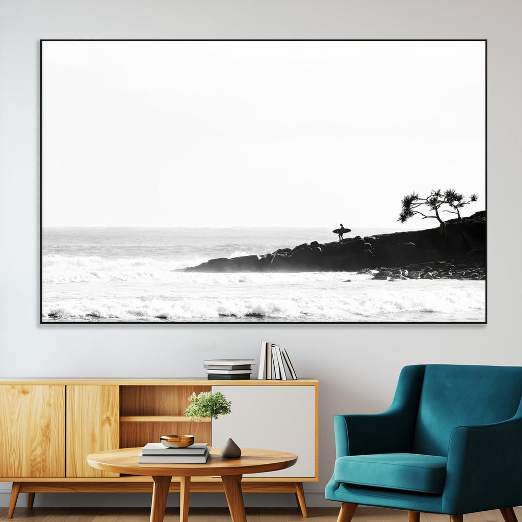 Surfer Cliffs Wall Art Canvas Print, Framed Black White Beach and Ocean Waves