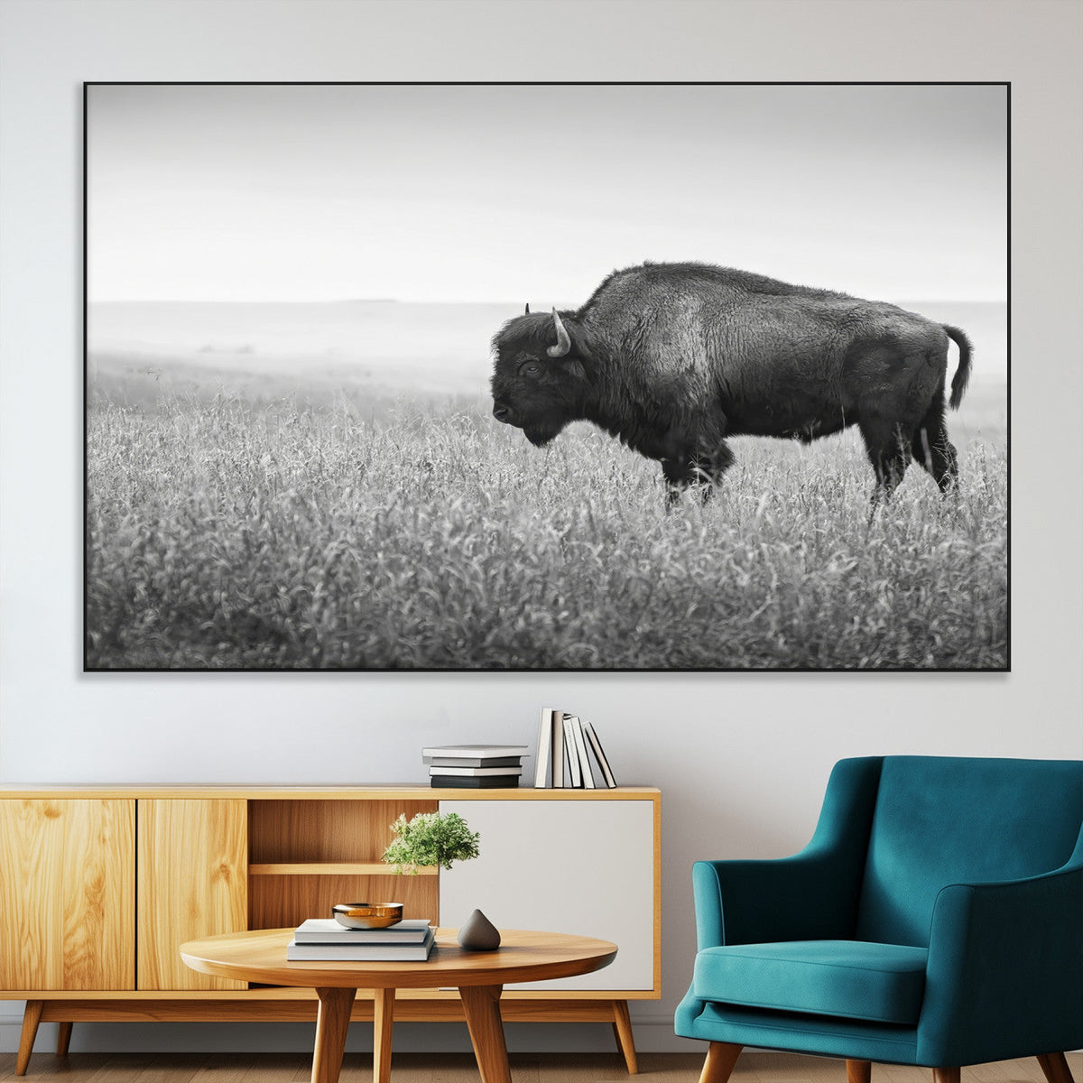 Bison Wall Art Canvas Print, Framed Rustic Wildlife Scene with Wild Buffalo