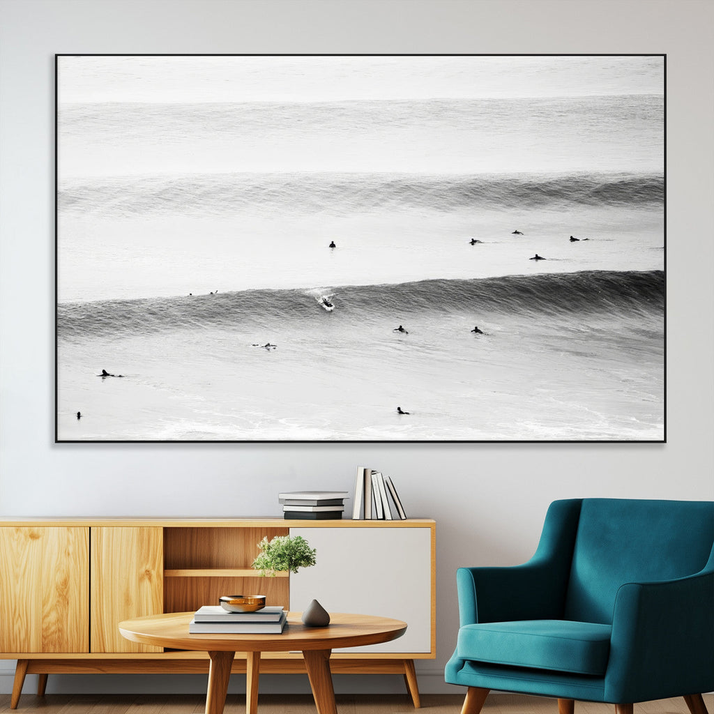 Black White Ocean Wall Art Canvas Print, Framed Coastal Sport and Ocean Swimmers Scene