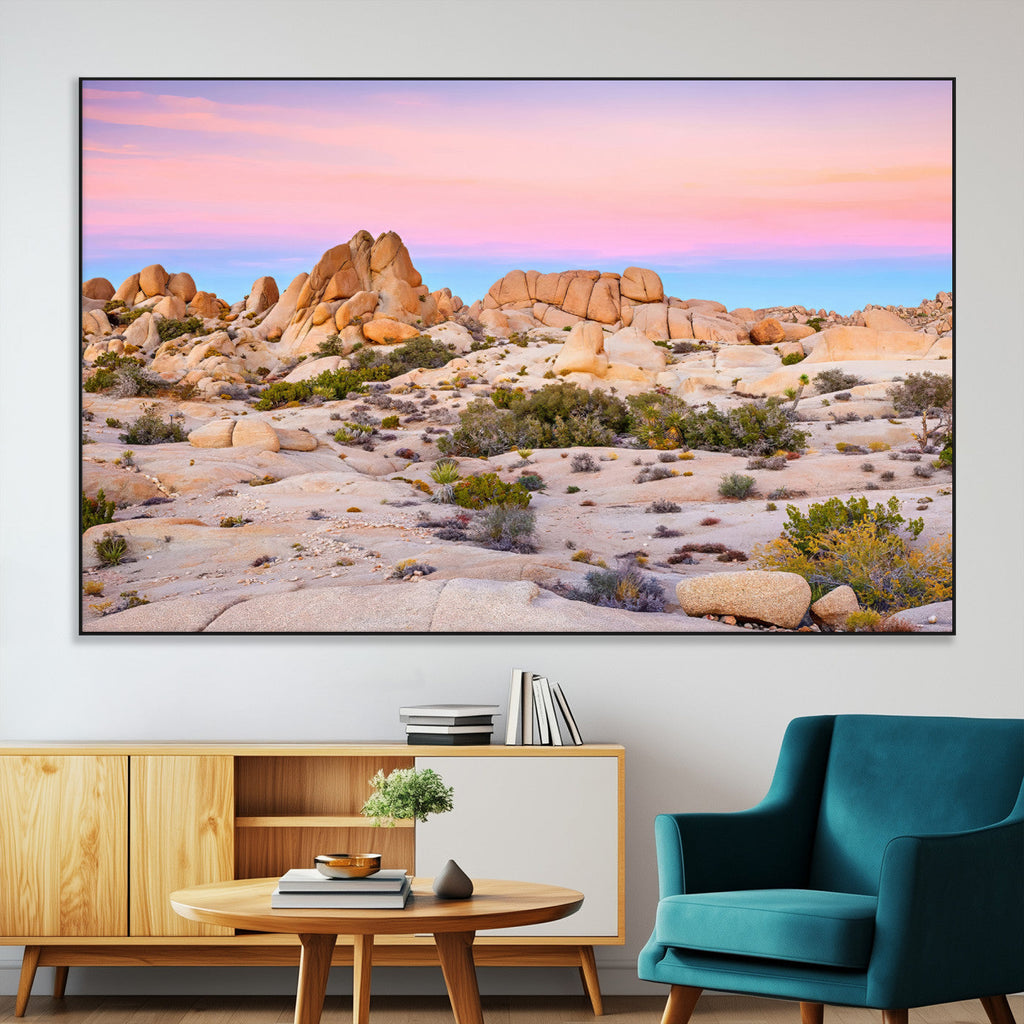 Vibrant Sunset Sky Wall Art Canvas Print, Framed Joshua Tree Desert Artwork
