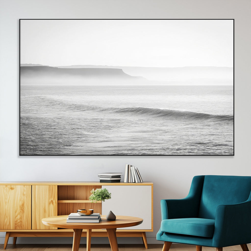 Black and White Seascape Wall Art Canvas Print, Framed Misty Ocean Waves
