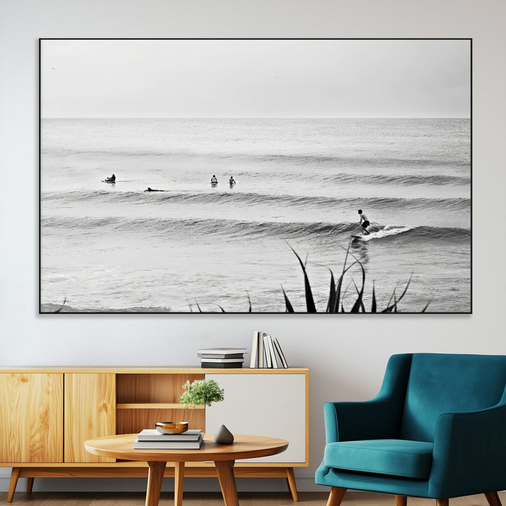 Surfer Silhouette Wall Art Canvas Print, Framed Calm Ocean Monochrome Surf