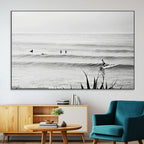 Surfer Silhouette Wall Art Canvas Print, Framed Calm Ocean Monochrome Surf