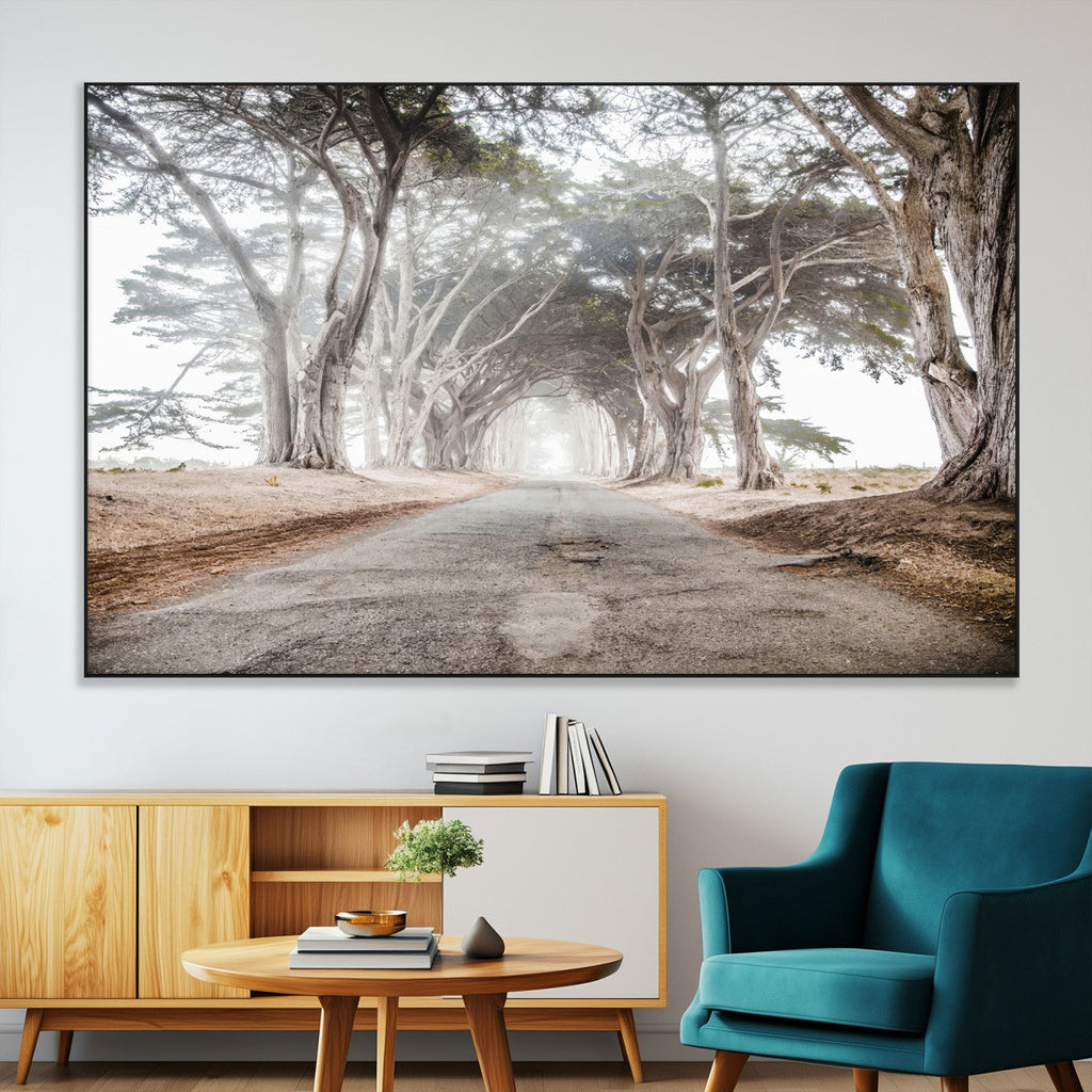 Cypress Tunnel Wall Art | Framed Misty Road Canvas Artwork