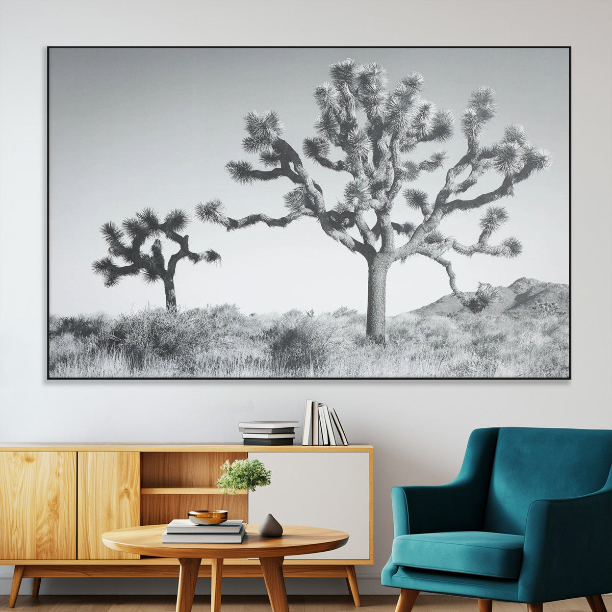 Joshua Tree Wall Art Canvas Print, Framed Black and White Desert Landscape Artwork