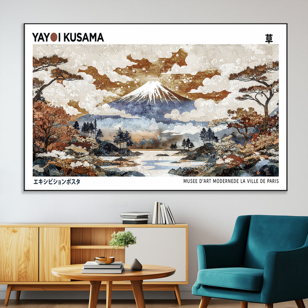 Modern Japanese Mount Fuji Canvas Art Print, Yayoi Kusama Wall Art, Framed Abstract Japanese Landscape