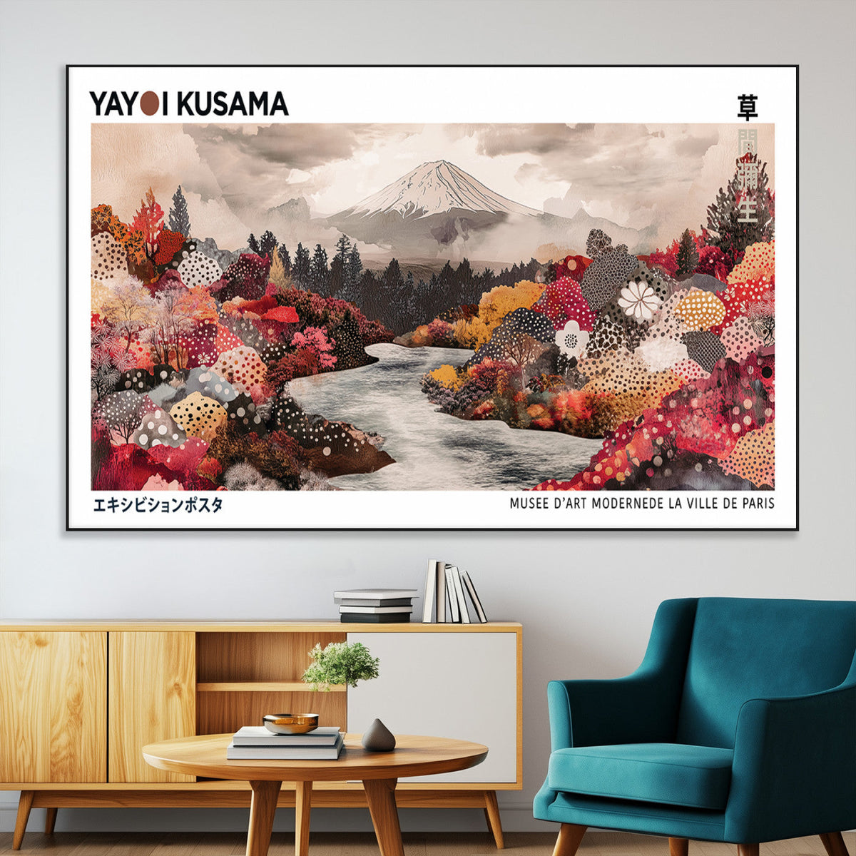 Modern Japanese Wall Art Canvas Print, Framed Abstract Mount Fuji Art, Yayoi Kusama Japanese Landscape