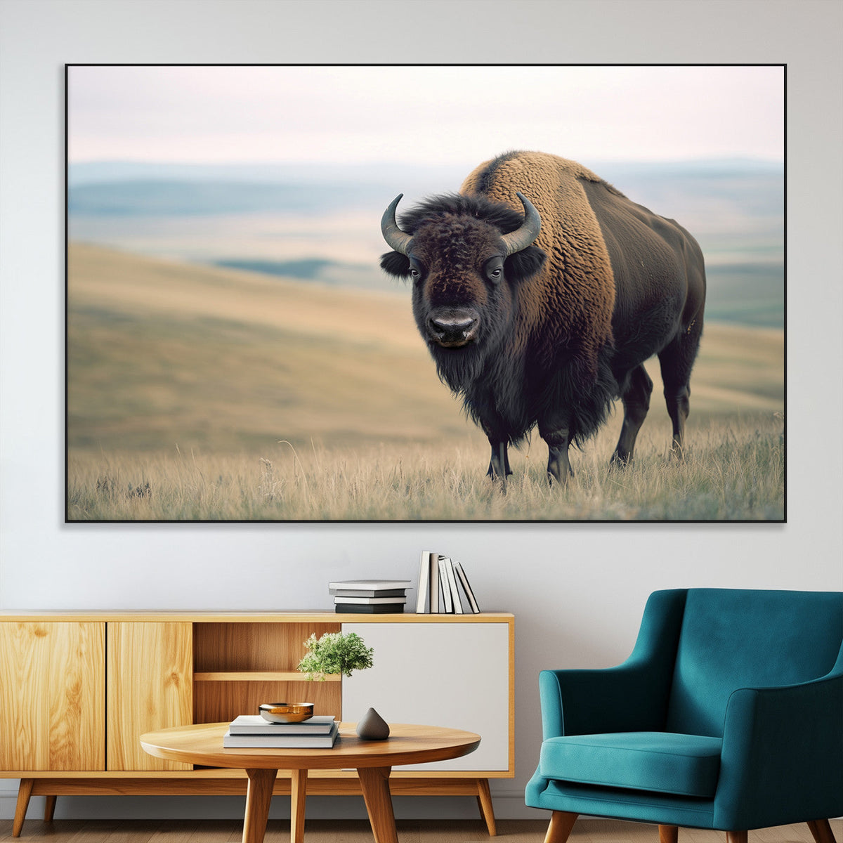 Bison Wall Art Canvas Print, Framed American Buffalo Rustic Western Artwork
