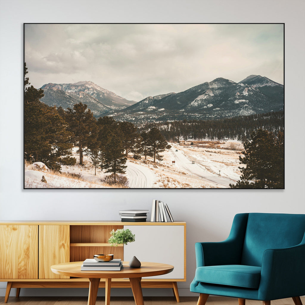 Mountain Landscape Wall Art Canvas Print, Framed Snowy Peaks Alpine Winter