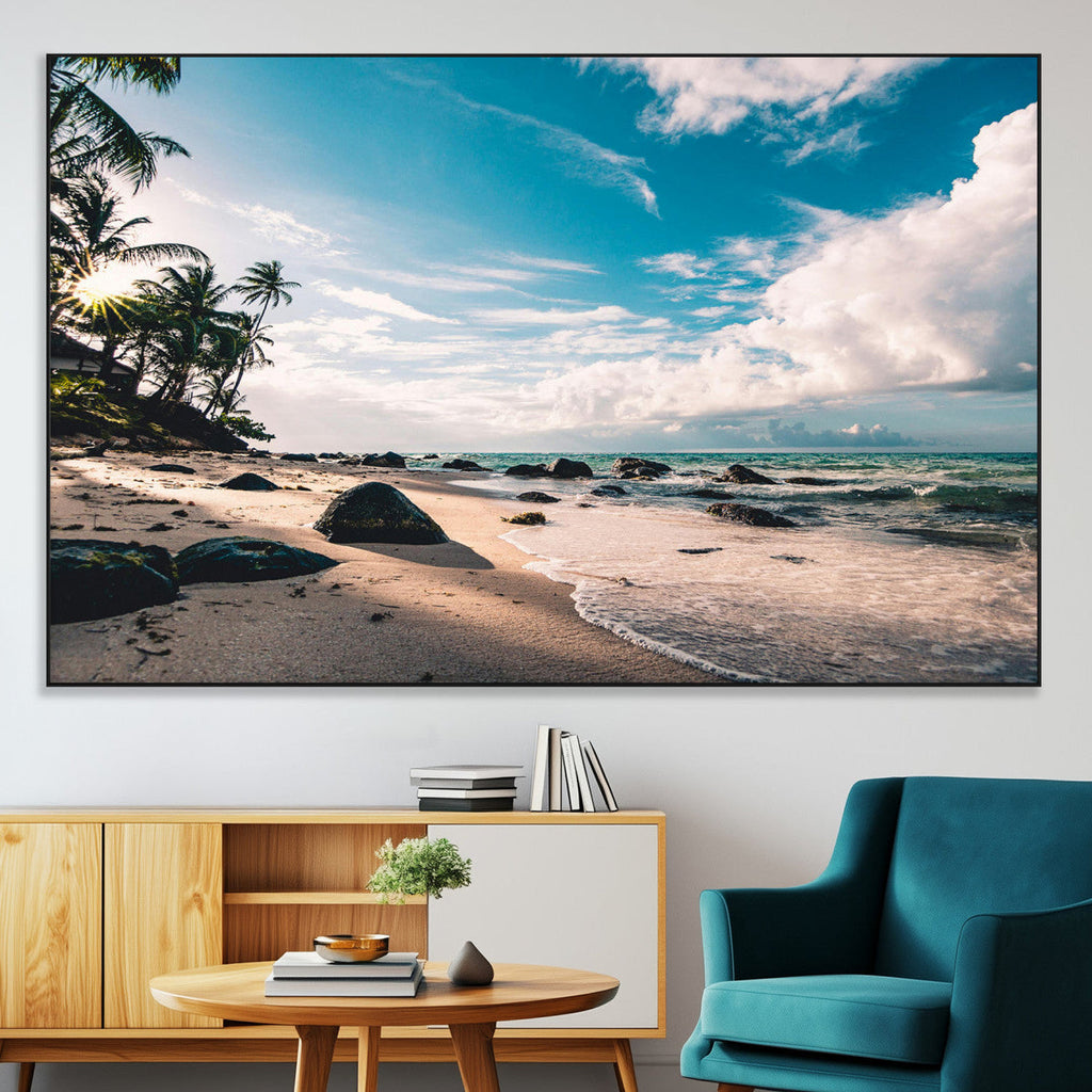 Tropical Beach Wall Art Canvas Print, Framed Ocean Waves Relaxing Seascape