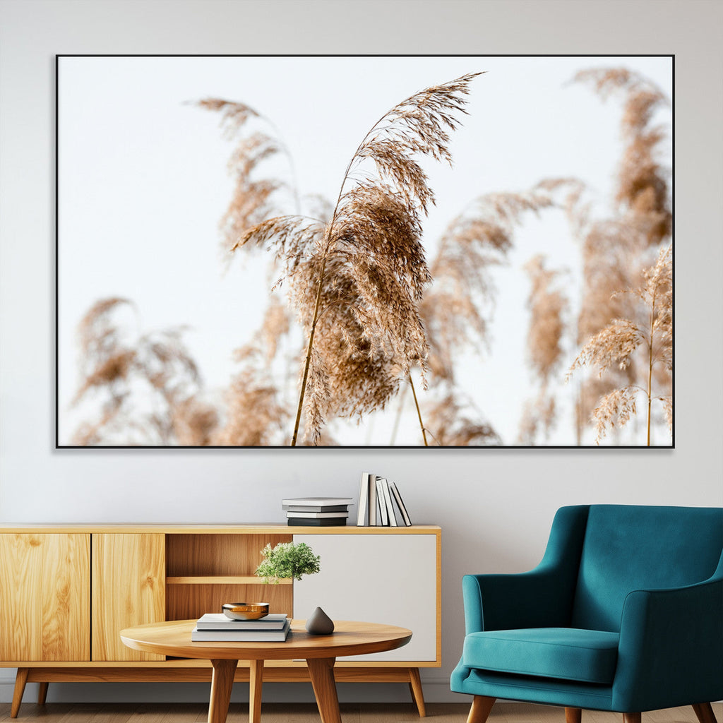 Pampas Grass Wall Art Canvas Print, Framed Neutral Tones Minimalist Boho