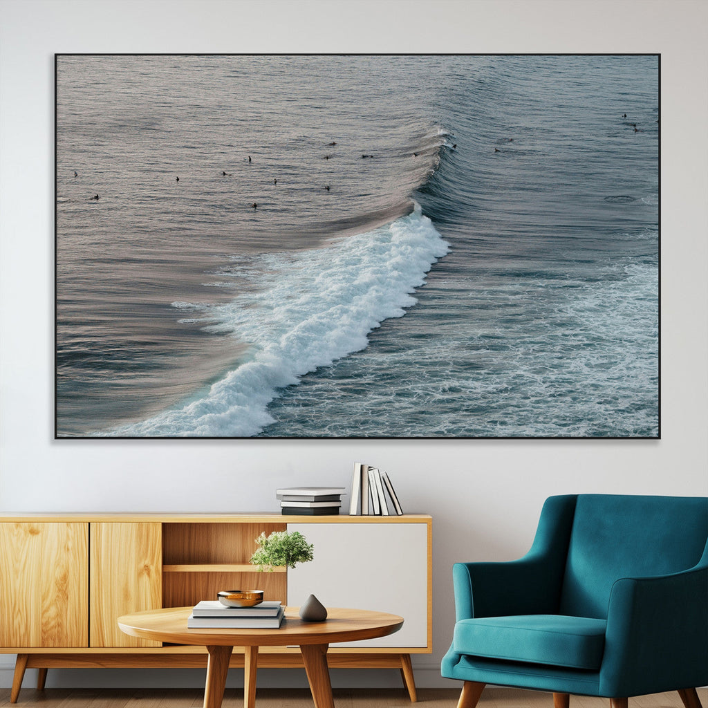 Ocean Waves Wall Art Canvas Print, Framed Coastal Serenity Surf Scene