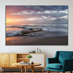Golden Hour Wall Art Canvas Print, Framed Tranquil Waves Beach Sunset