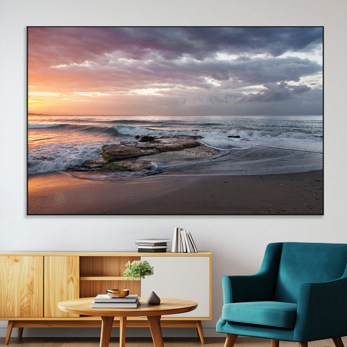 Golden Hour Wall Art Canvas Print, Framed Tranquil Waves Beach Sunset