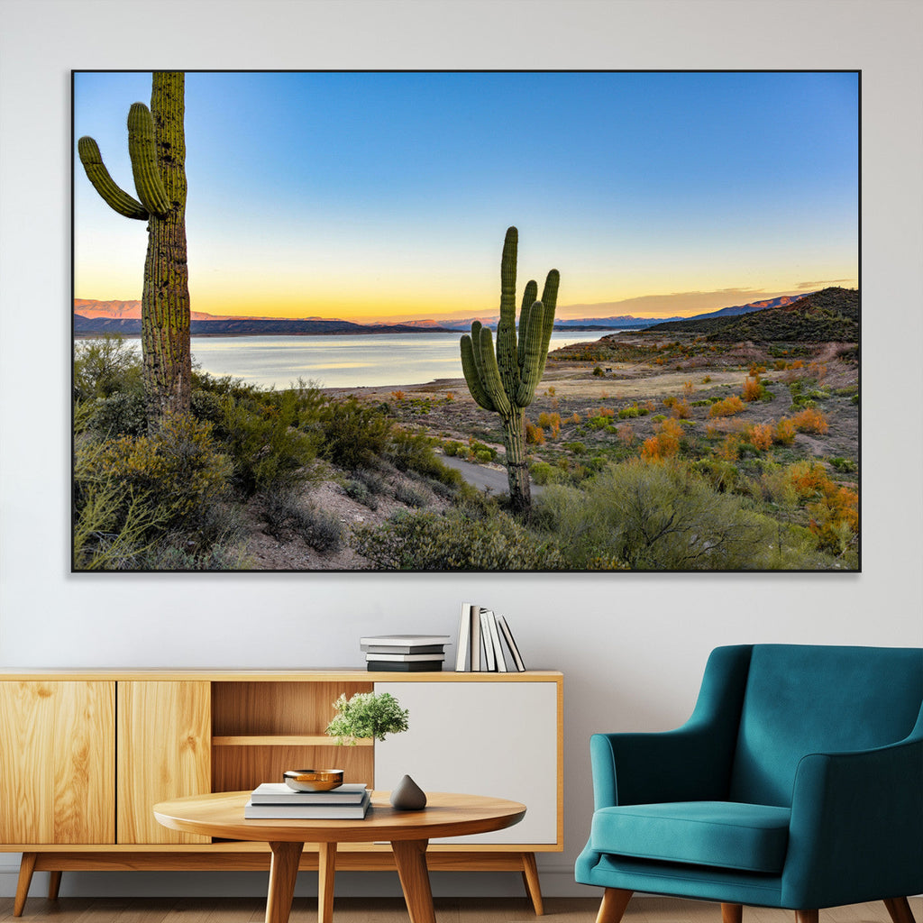 Saguaro Cactus Wall Art Canvas Print, Framed Desert Sunset Southwestern