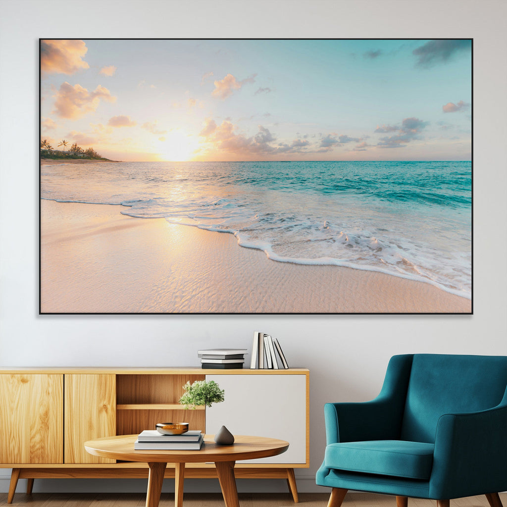 Beach Sunset Wall Art Canvas Print, Framed Ocean Waves Summer Escape