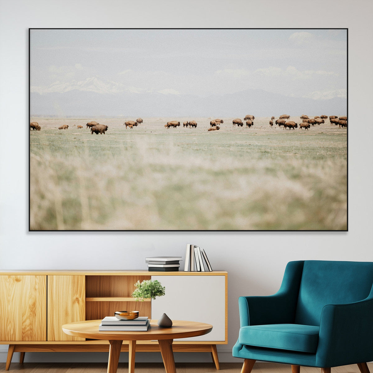 Bison Herd Wall Art Canvas Print, Framed Western Ranch Nature Scene