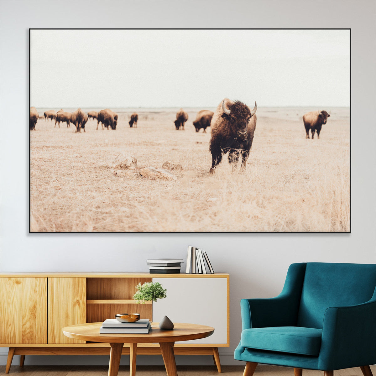 Bison Herd Wall Art Canvas Print, Framed Western Prairie Serenity