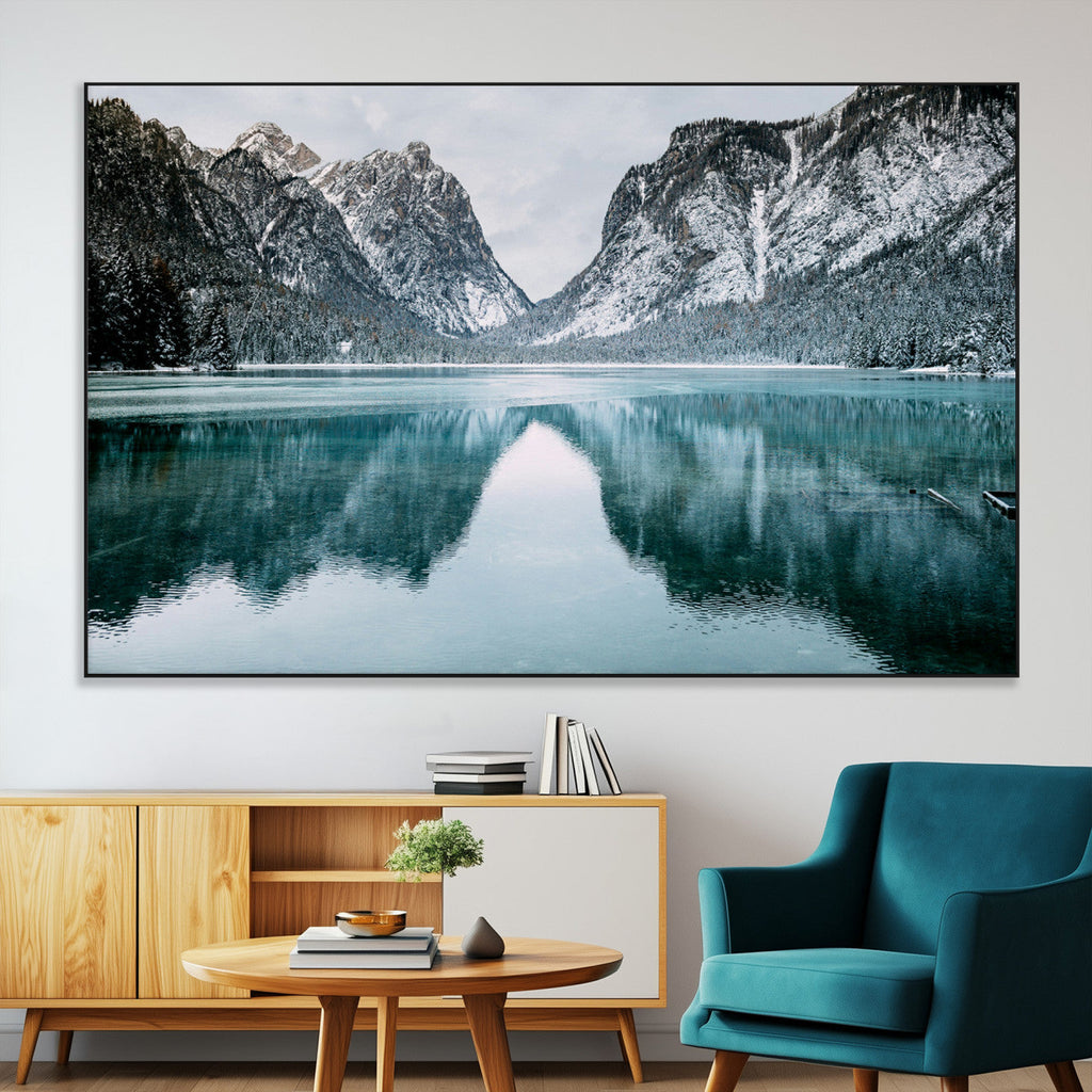Mountain Lake Wall Art Canvas Print, Framed Toblacher See Winter Wonderland