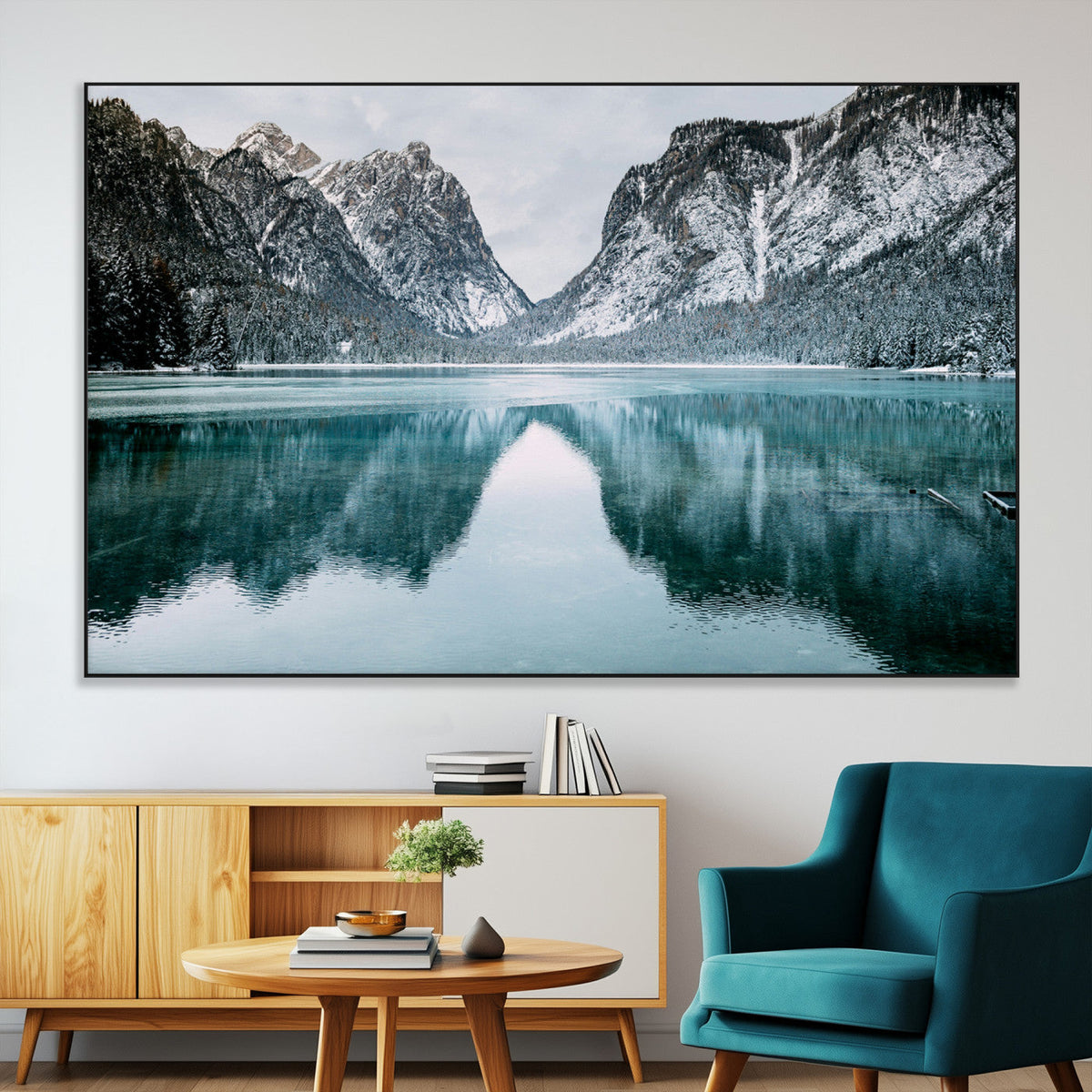 Mountain Lake Wall Art Canvas Print, Framed Toblacher See Winter Wonderland
