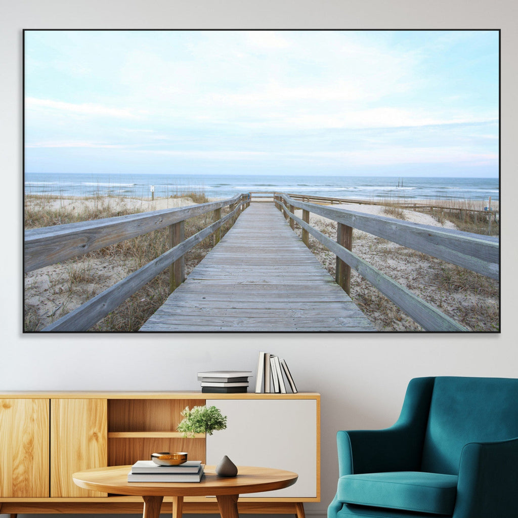 Beach Boardwalk Wall Art Canvas Print, Framed Coastal Serenity Ocean View