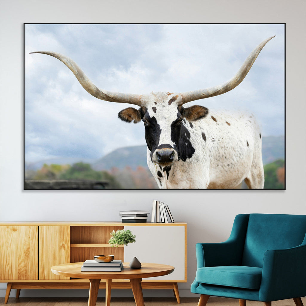 Texas Longhorn Wall Art Canvas Print, Framed Western Rustic Farmhouse