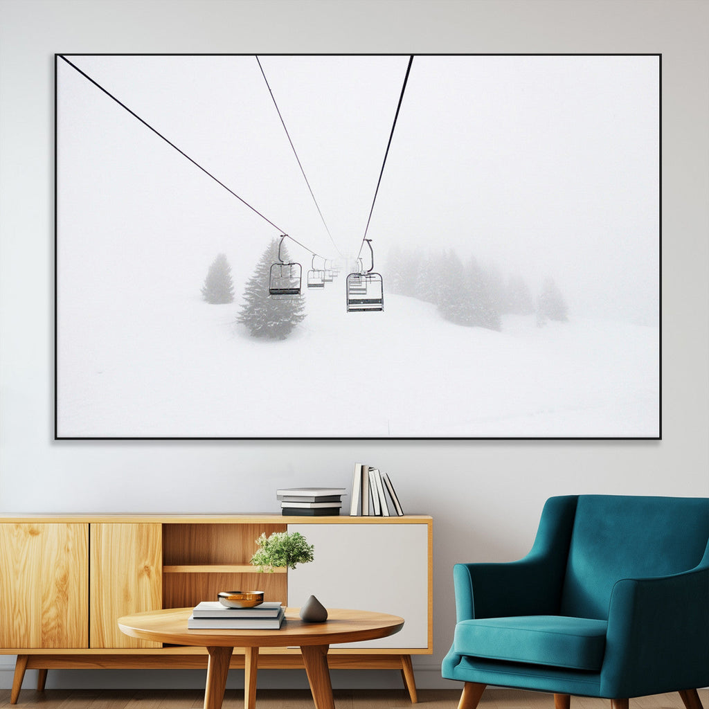 Ski Lift Wall Art Canvas Print, Framed Snowy Landscape Art, Alpine Adventure Nordic Minimalist Decor