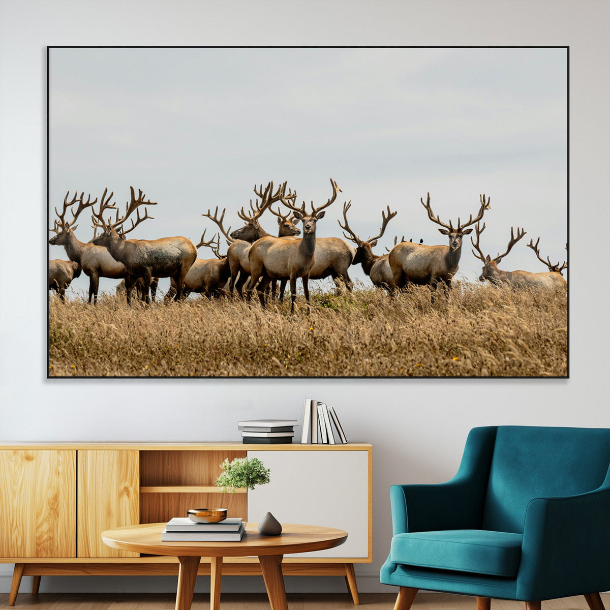 Elk Herd Wall Art Canvas Print, Framed Wildlife Photography Art, Majestic Antlers Rustic Wildlife Decor