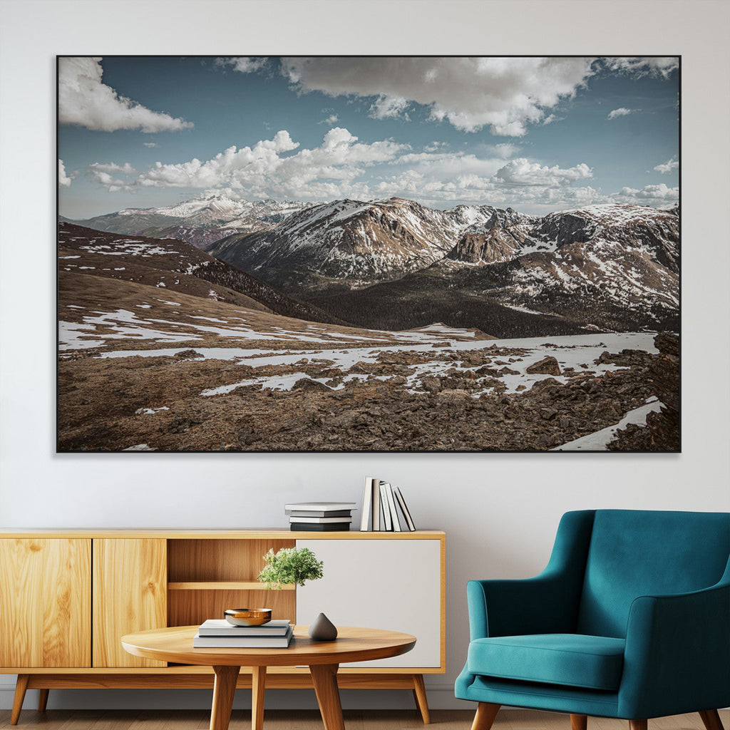 Mountain Landscape Wall Art Canvas Print, Framed Snowy Peaks Art, Rugged Highlands Rustic Adventure Decor