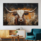 Abstract Longhorn Bull Wall Art Canvas Print, Vintage Western Texas Steer Artwork