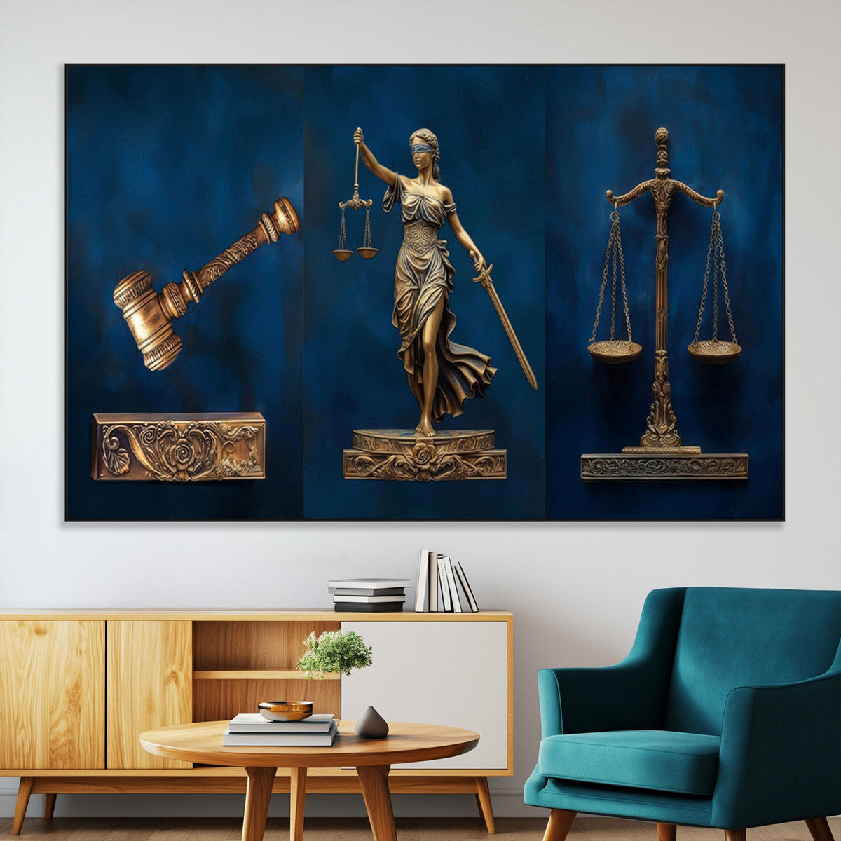 Lady Justice Wall Art Canvas Print, Elegant Gold Legal Symbols on Blue, Law Office Decor