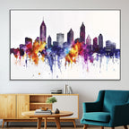 Atlanta Skyline Wall Art Canvas Print, Framed Colorful Watercolor Cityscape