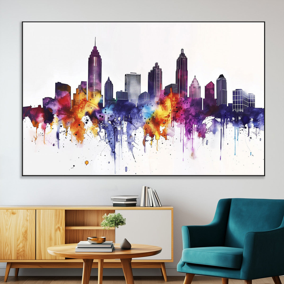 Atlanta Skyline Wall Art Canvas Print, Framed Colorful Watercolor Cityscape