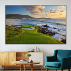 Coastal Golf Course Wall Art Canvas Print, Sunset with Rolling Green Fairways and Ocean Waves